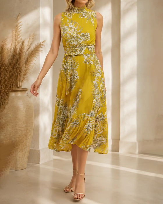Kleid Mock Neck Ärmellos Tailliert Blumig