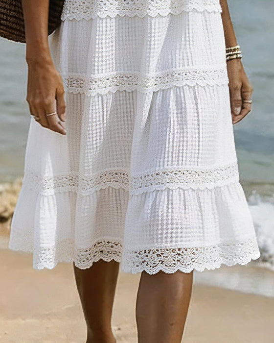 Kleid V-Ausschnitt Spitze Patchwork Mittelarm