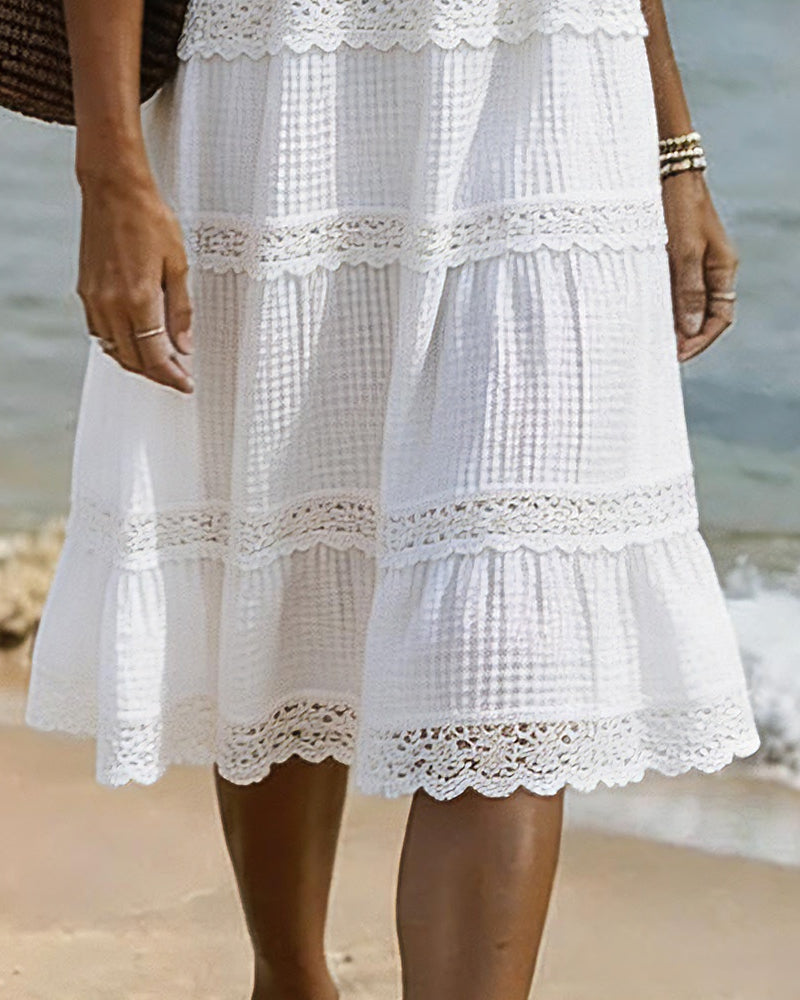 Kleid V-Ausschnitt Spitze Patchwork Mittelarm