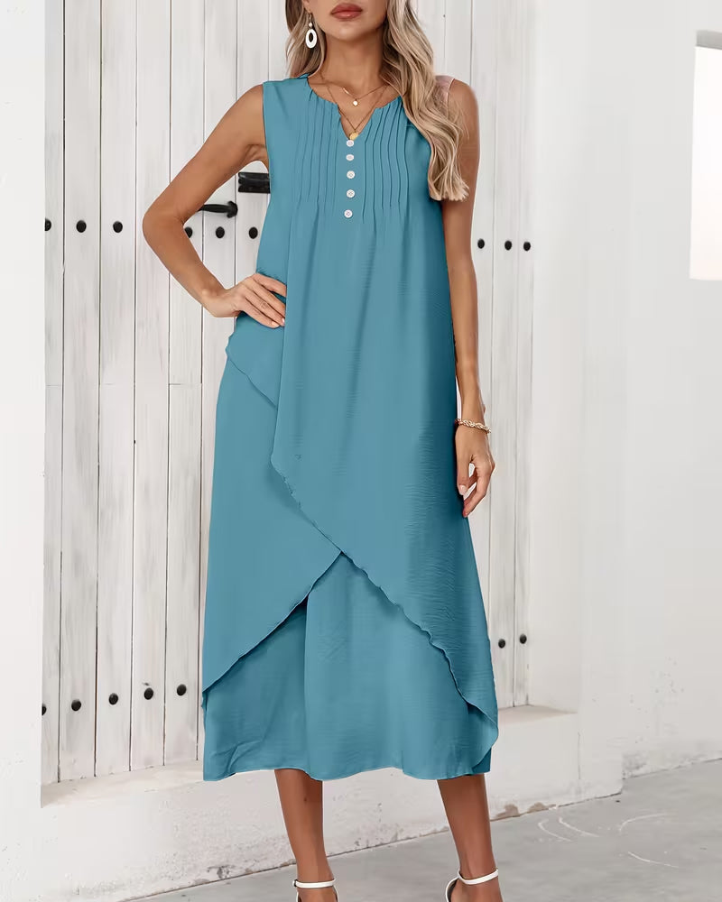 Kleid Gepresst Gekräuselt Unregelmäßiger Saum Ärmellos