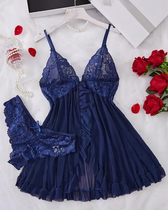 Cami Nachthemd & Schleifen-Deko Slip Set Damen Sexy Rüschenbesatz Spitze