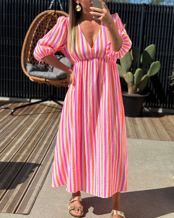 Kleid V-Ausschnitt Gestreift A-Linie