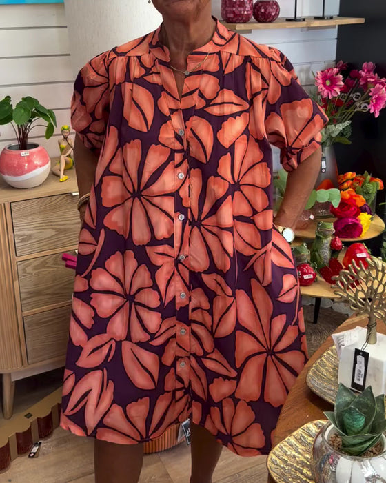 Kleid Puffärmel Blumig Stehkragen Hemd