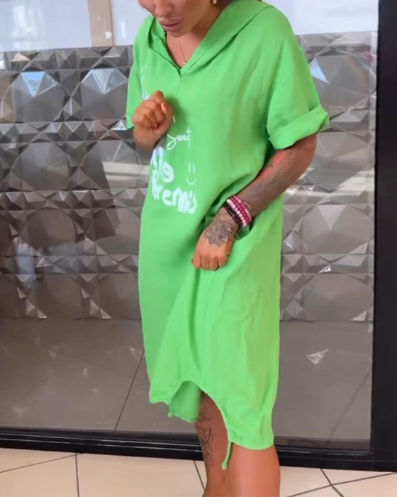 Kleid Mit Kapuze Bedruckt Lässig Gerade