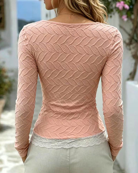 Oberteil Quadratischer Ausschnitt Spitze Patchwork Langarm Figurbetont