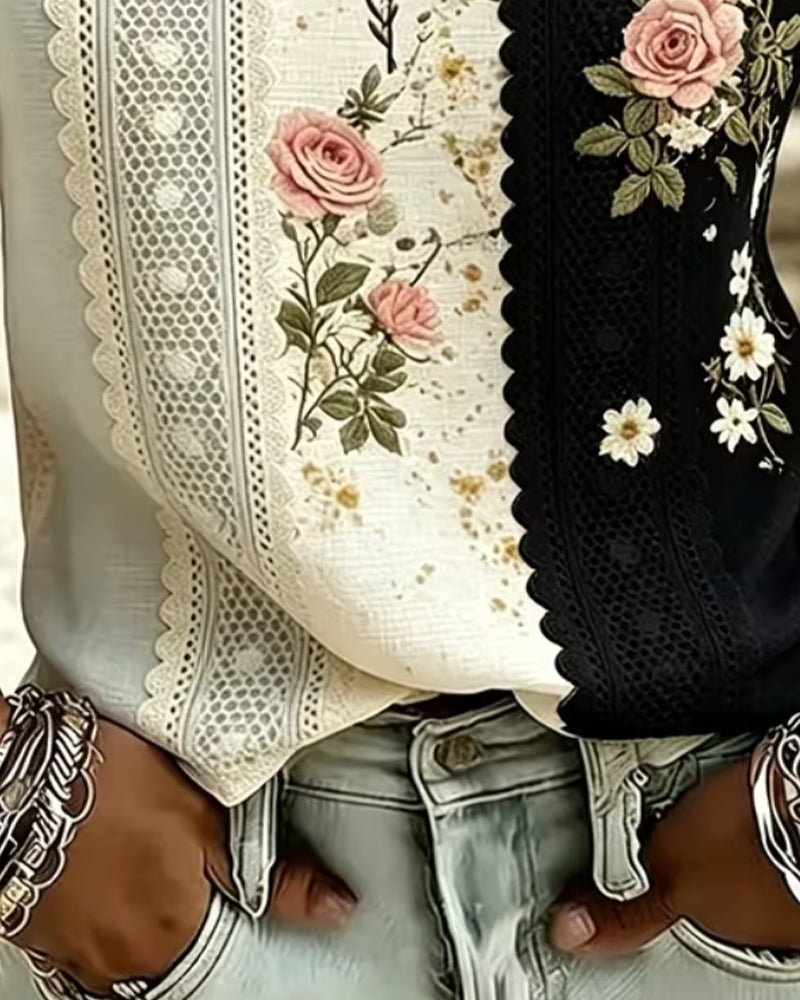 Bluse Kontrast Spitze Rose Druck