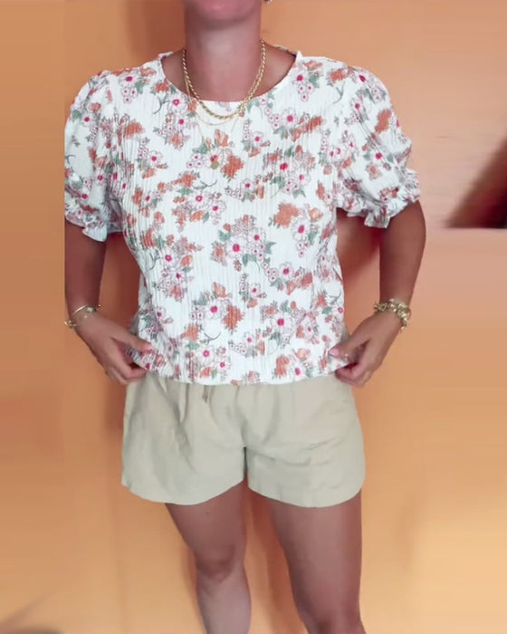 Bluse Rundhals Blumen Kurzarm