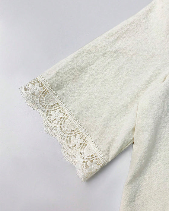 Bluse V-Ausschnitt Spitzen-Patchwork 3/4-Ärmel