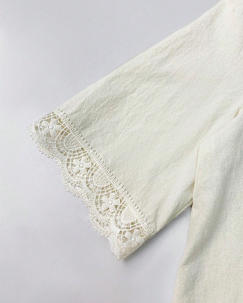 Bluse V-Ausschnitt Spitzen-Patchwork 3/4-Ärmel