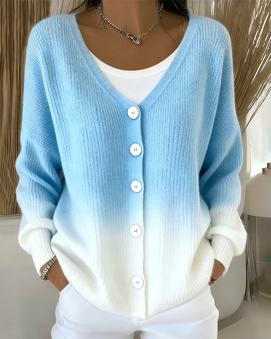 V-Ausschnitt langärmelige Gradient-Strickjacke
