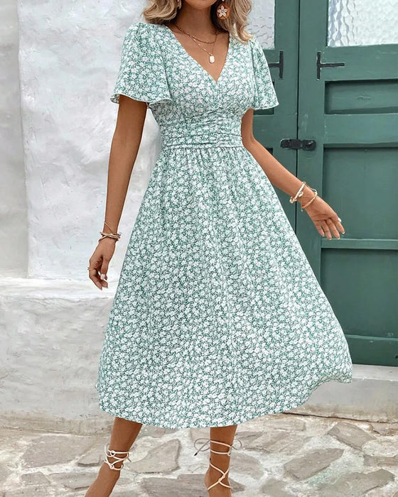 Kleid Blumen V-Ausschnitt Taille