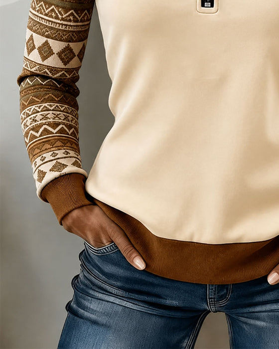 Sweatshirt Halber Reißverschluss Farbblock Vintage Patchwork