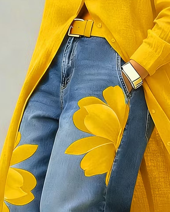 Blumenbedruckte Cropped-Jeans Mit Weitem Bein