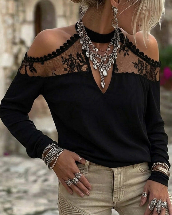 T-Shirt V-Ausschnitt Spitze Patchwork Off-Shoulder