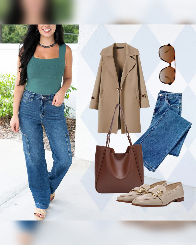 Jeans Damen Hoch Tailliert Cargo Weites Bein Stretch