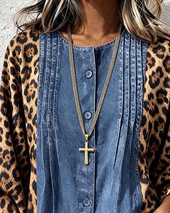 Bluse Rundhals Knopf Leopard Denim Patchwork