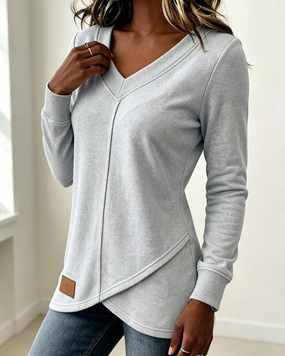 Sweatshirt V-Ausschnitt Langarm Kreuz Asymmetrisch