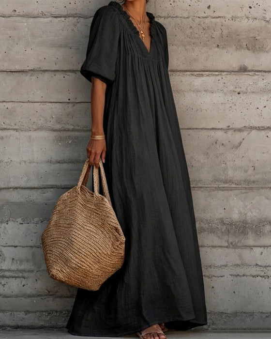 Kleid Rein Weiß Blasenärmel Voll Rock Maxi