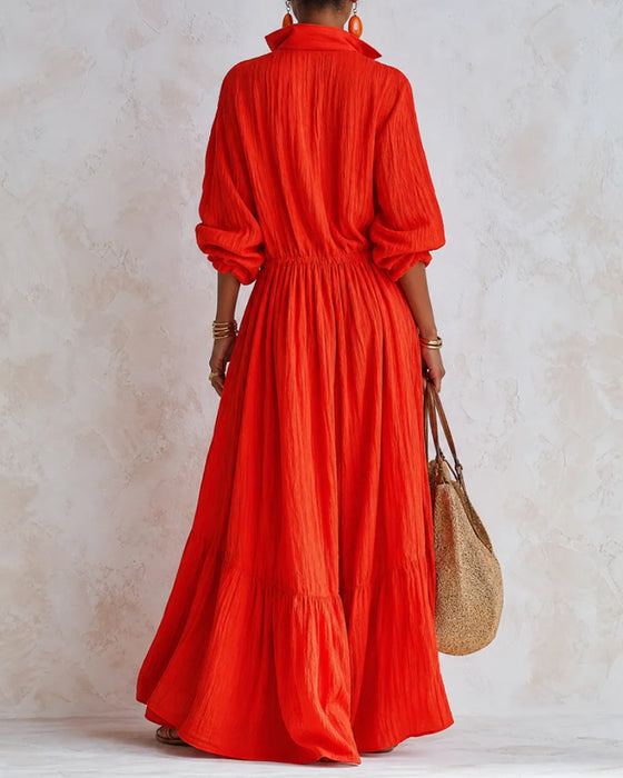 Kleid Revers Figurbetonte Taille Hemd Ausgestellt Lang