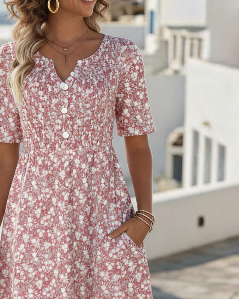 Kleid V-Ausschnitt Kurzarm floral