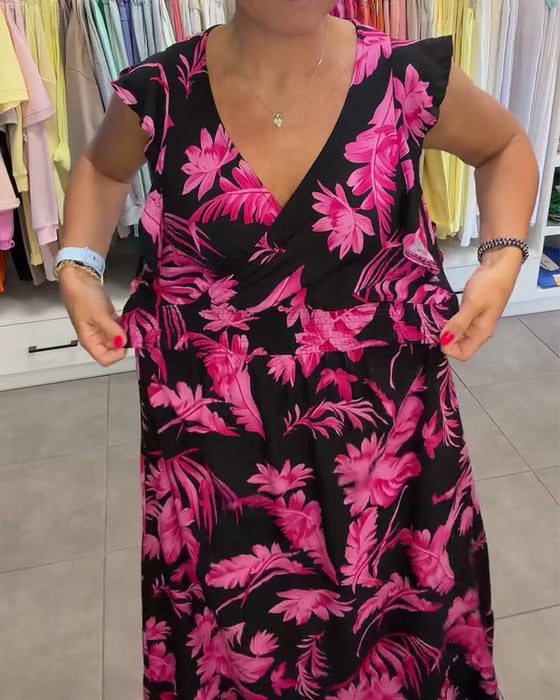 Kleid Tropisch Blumig V-Ausschnitt Figurbetonte Taille Lang