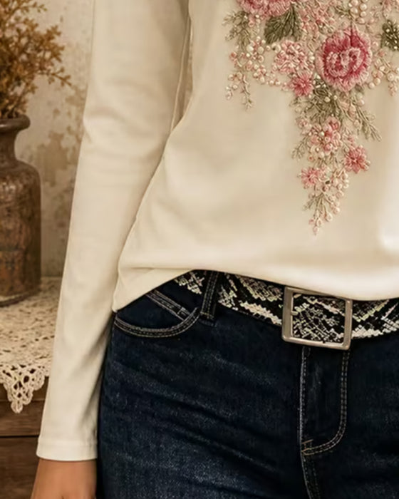 T-Shirt Langarm V-Ausschnitt Blumen