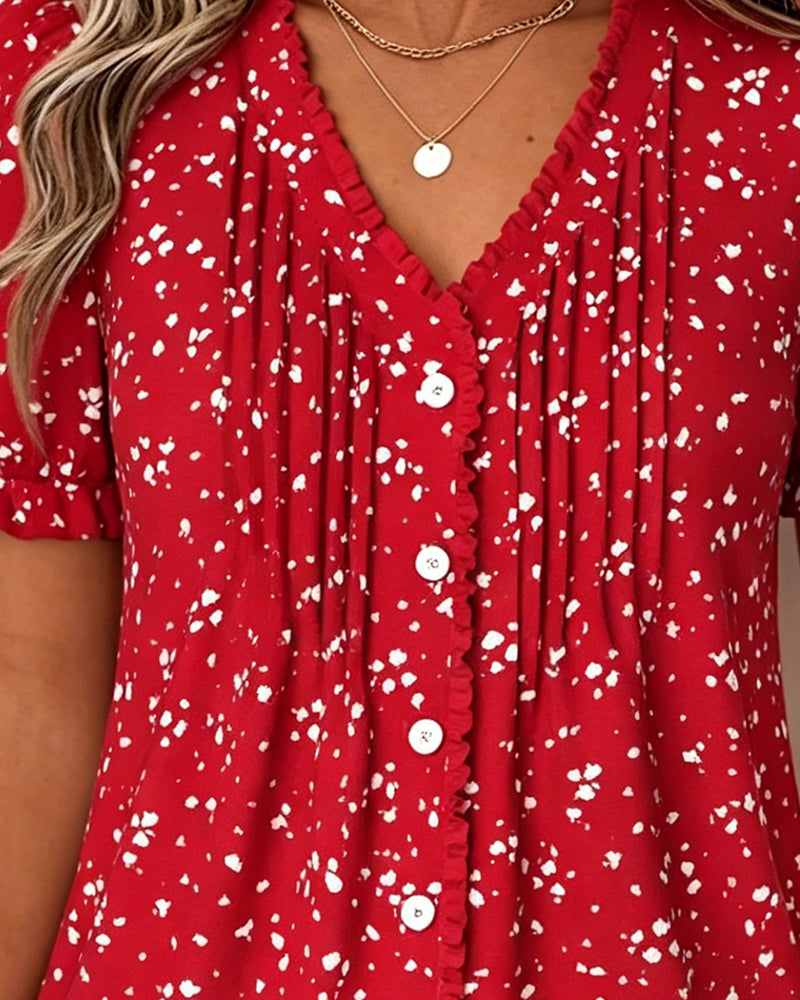 Bluse V-Ausschnitt Plissiert Kleine Blumen