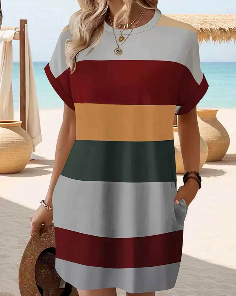 Kleid Rundhalsausschnitt Gestreifter Print Kurzarm Lässig