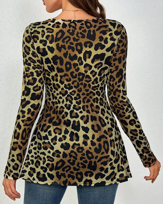 Top Deep V-Ausschnitt Geringeltes Leopardenmuster Langarm