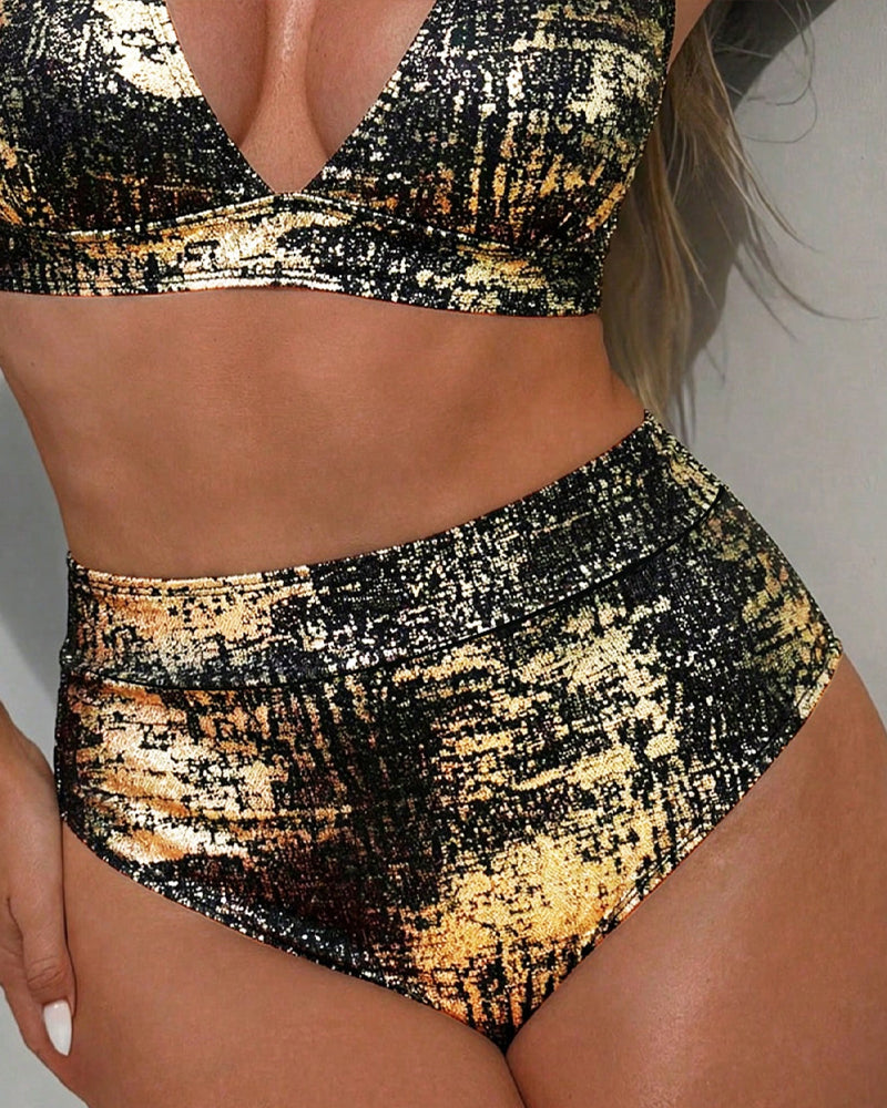 Bikini Gold Glänzend Hohe Taille