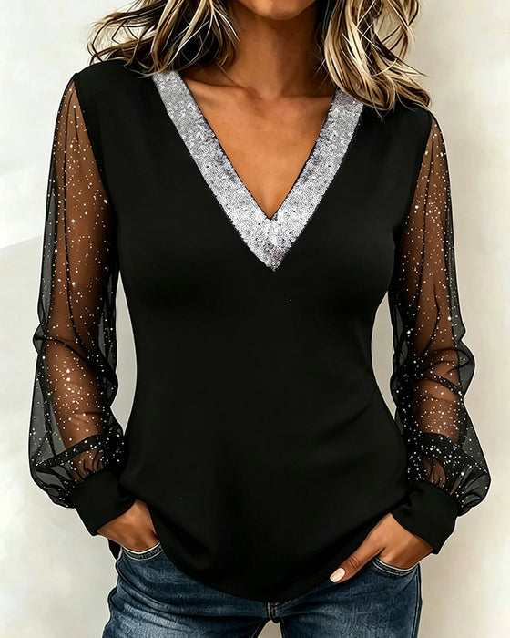 Bluse Stilvoll V-Ausschnitt Patchwork Langarm