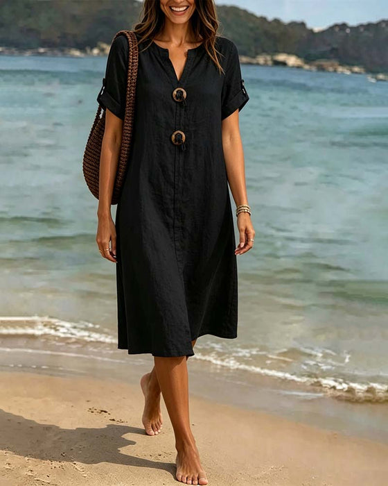 Lässiges Einfarbiges Kleid Mit V-Ausschnitt