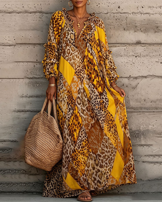 Kleid Leopard Farbblock Rüsche V-Ausschnitt