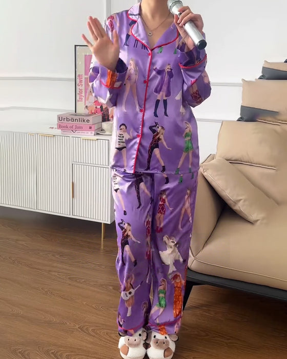 Bedrucktes Pyjama-Set Mit Langärmligem Revers