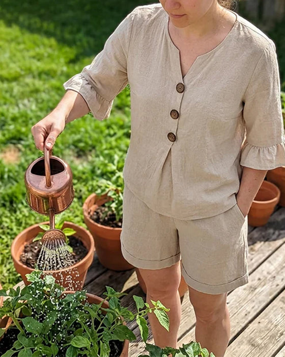 Set Rüsche Knopf Kurzer Ärmel Shorts
