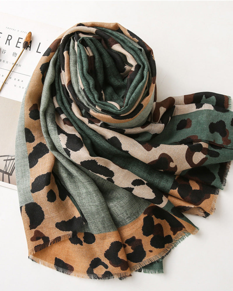 Damen Schal Leopard Patchwork Print Fransen Schal
