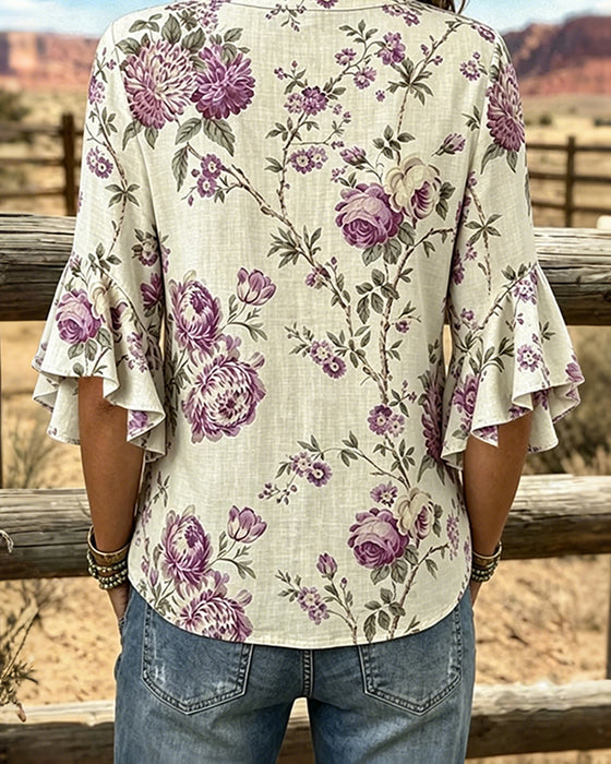 Kleid Retro Print V-Ausschnitt Tailliert Lang