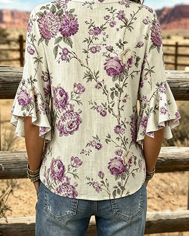 Kleid Retro Print V-Ausschnitt Tailliert Lang