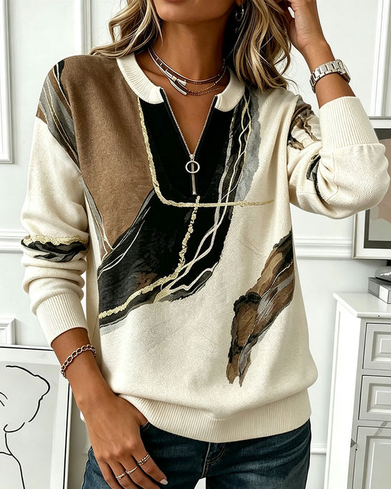 Sweatshirt Rundhals Bedruckt Halb-Zip