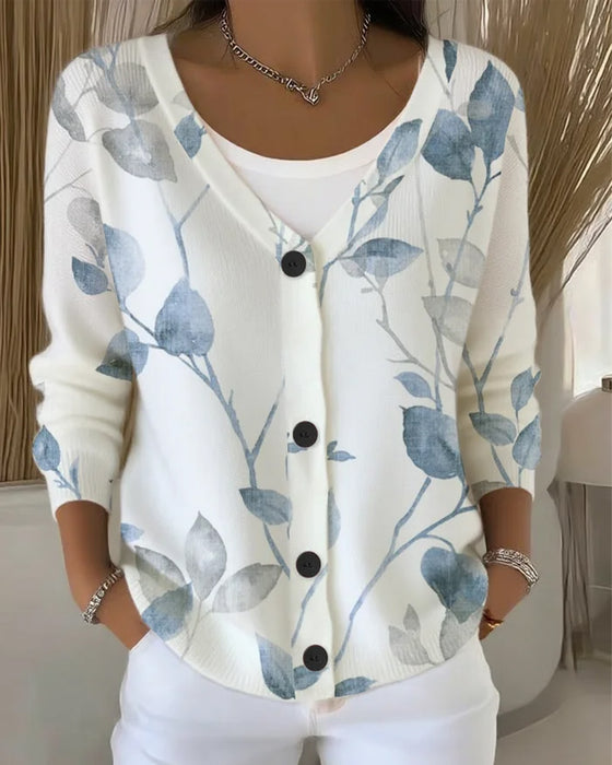 Pullover V-Ausschnitt Knopf Blatt Print