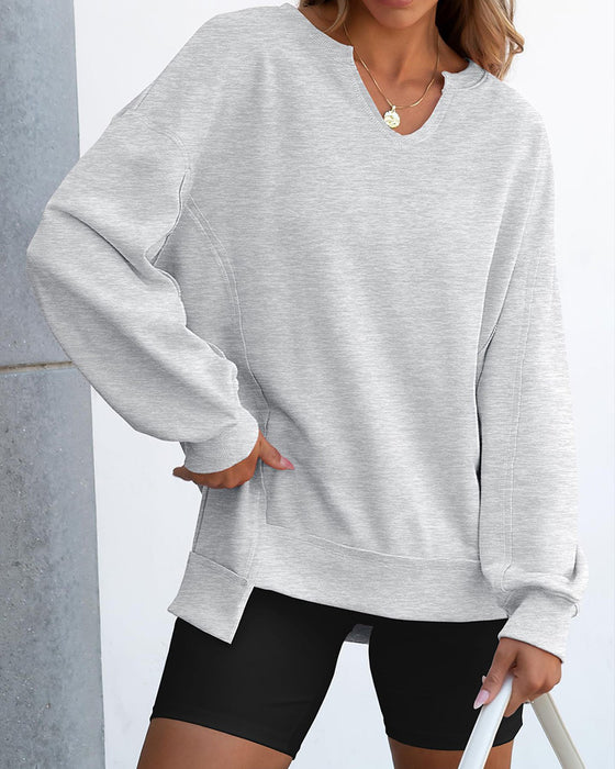 Kleiner V-Ausschnitt, Lässig Weites Langarm Sweatshirt