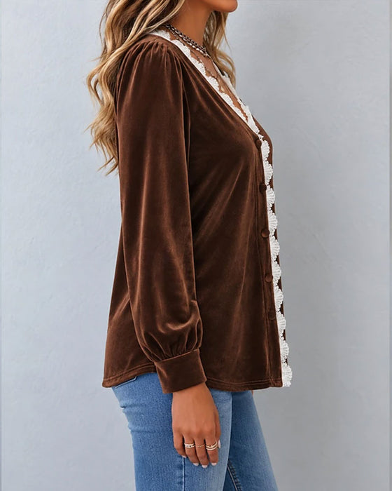 Bluse Samt Spitze Spliced