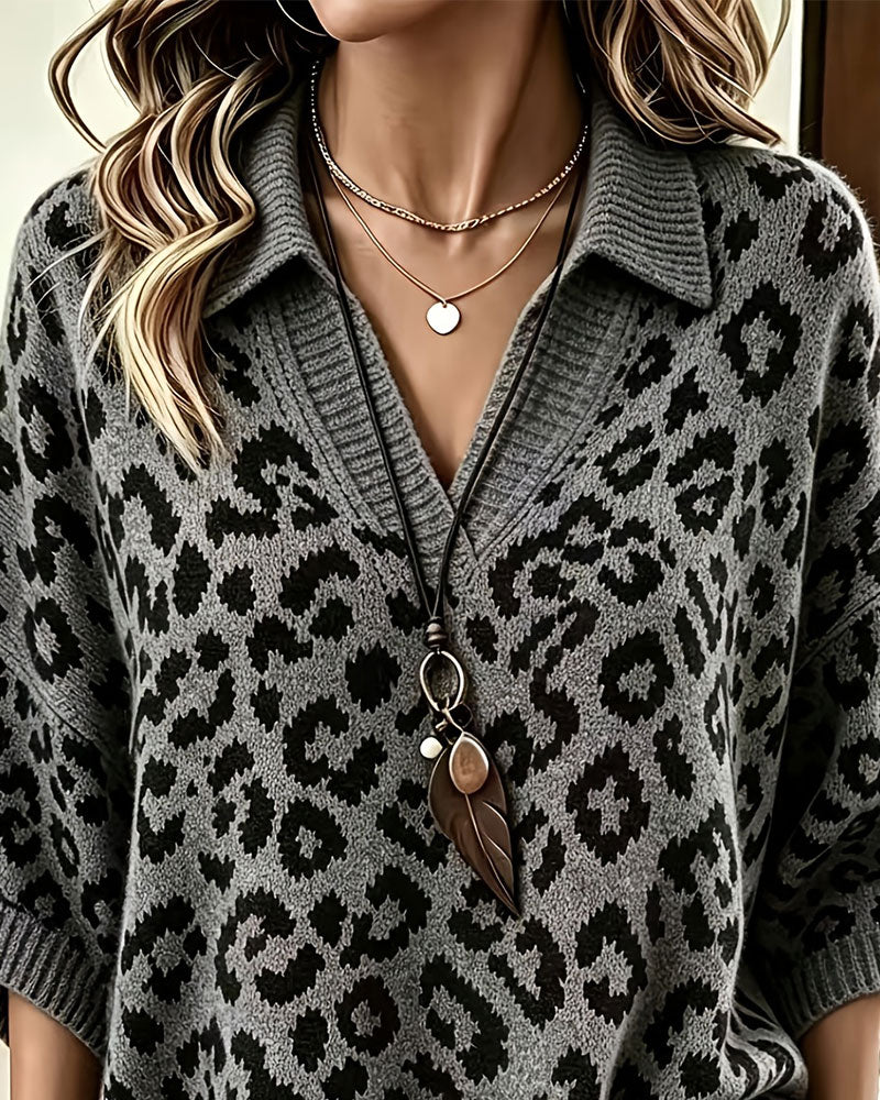 Pullover Mit Kragen V-Ausschnitt Leopardenmuster Halbarm Pullover