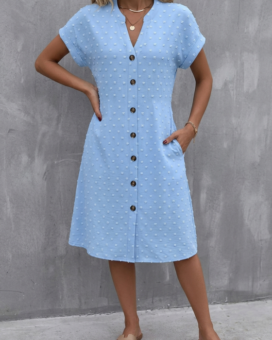 Hemdkleid Jacquard V-Ausschnitt Knopfleiste Midi Hemd