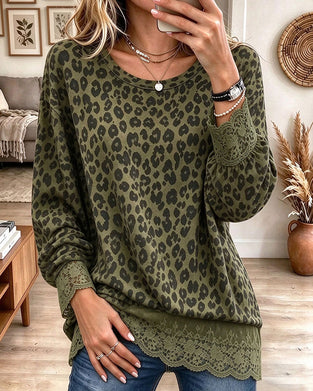 Bluse Spitzeneinsatz Leopardenprint