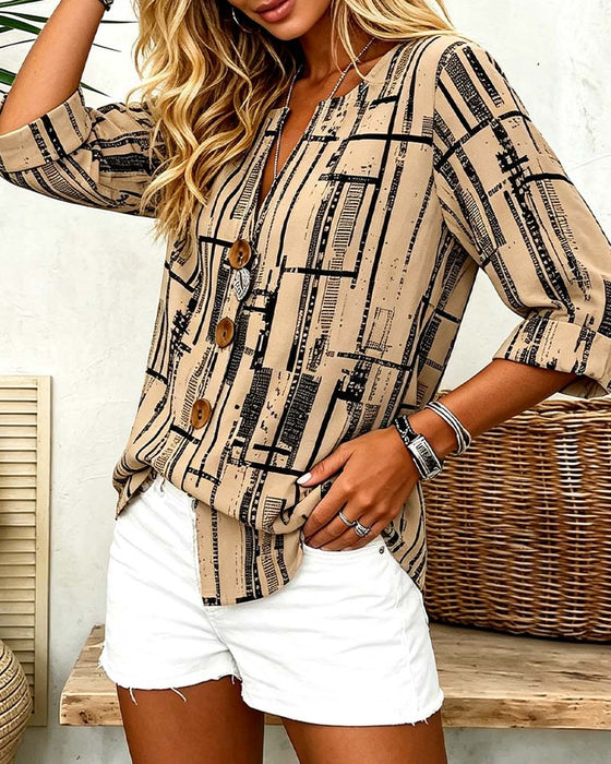 Bluse V-Ausschnitt Knopfleiste Gestreift