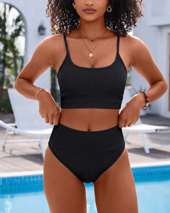 Bikini Unifarben U Ausschnitt Hohe Taille