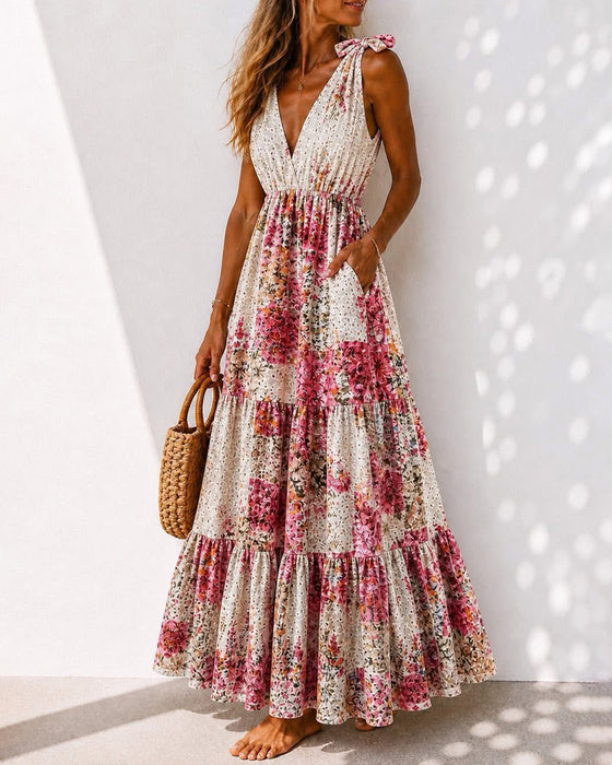 Kleid Blumen Bindung V-Ausschnitt Stufen