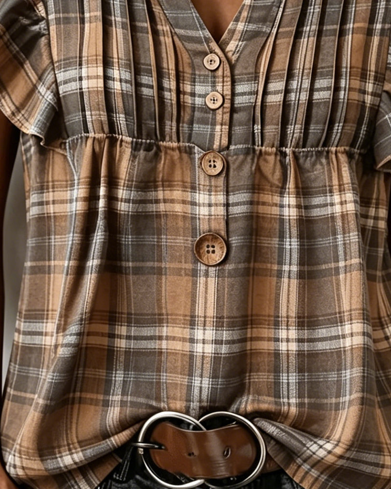 Bluse Braun Gingham Flatterärmel