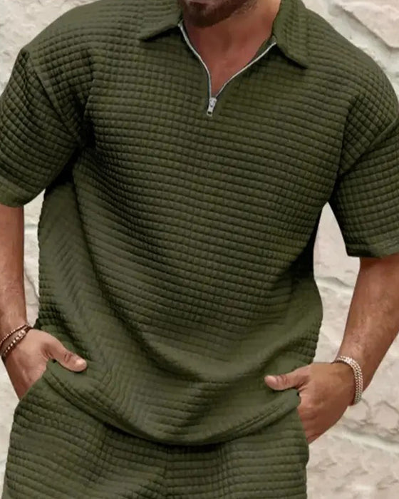 Set Polo Kragen Reißverschluss Waffel Textur Shorts